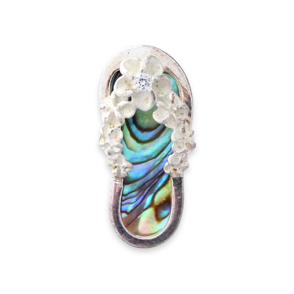 Vintage Sterling Silver Abalone Shell Flip Flop Sandal Pendant Hawaiian Plumeria